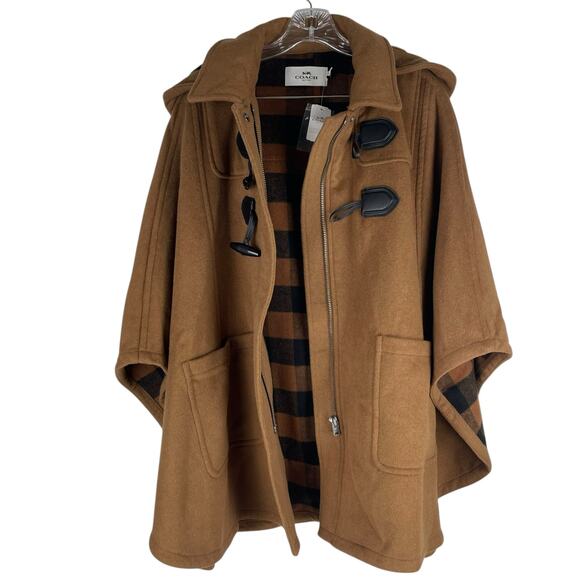 Coach Wool Blend Hooded Duffle Cape Coat Toggle Camel Brown Size M/L - Picture 8 of 14